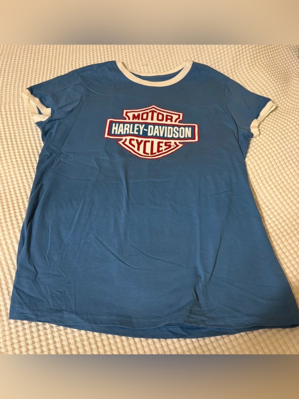 Harley-Davidson Blue Tee with White Trim and Red Logo